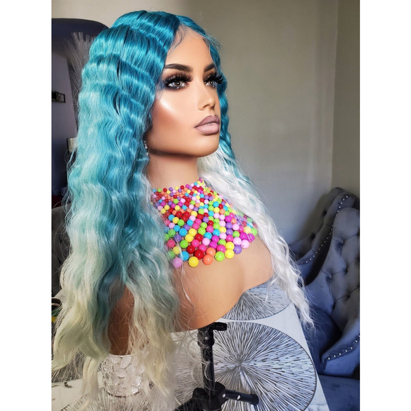 Aqua white ombre lace wig wavy
